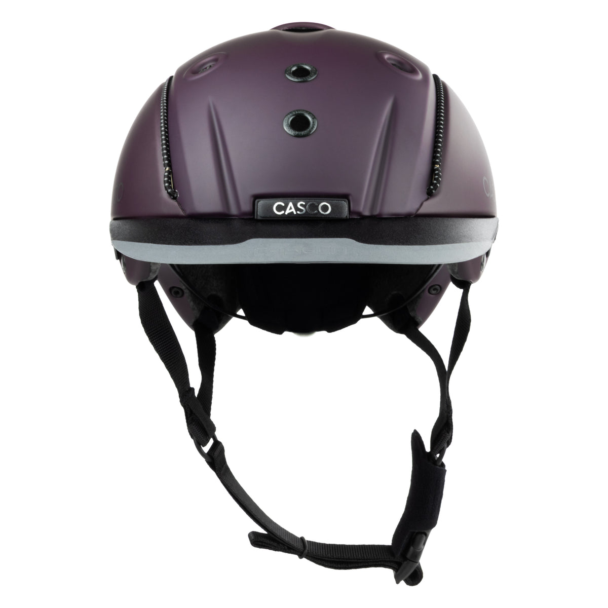 A matte dark purple Casco equestrian riding helmet with a matching visor and black chin straps, shown from a front view on a white background.