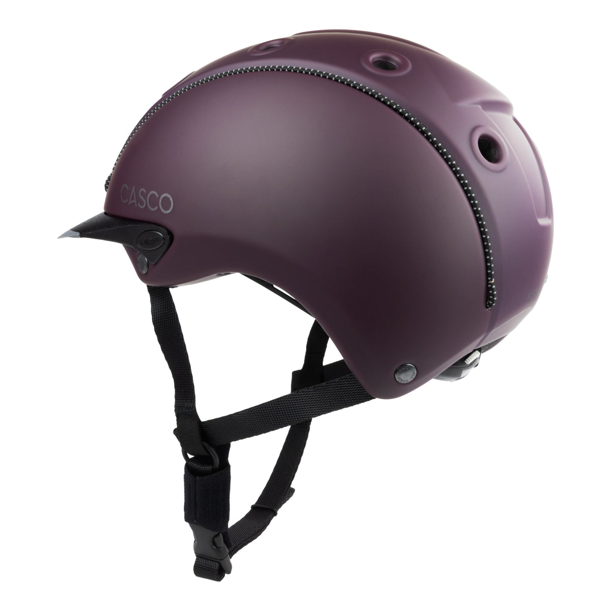 A matte dark purple Casco equestrian riding helmet with a matching visor and black chin straps, shown from a side view on a white background.