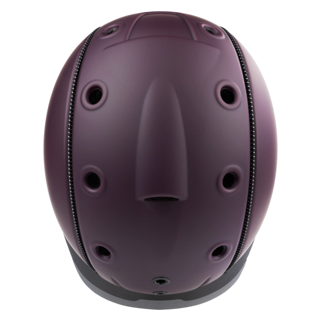 A matte dark purple Casco equestrian riding helmet with a matching visor and black chin straps, shown from a top view on a white background.