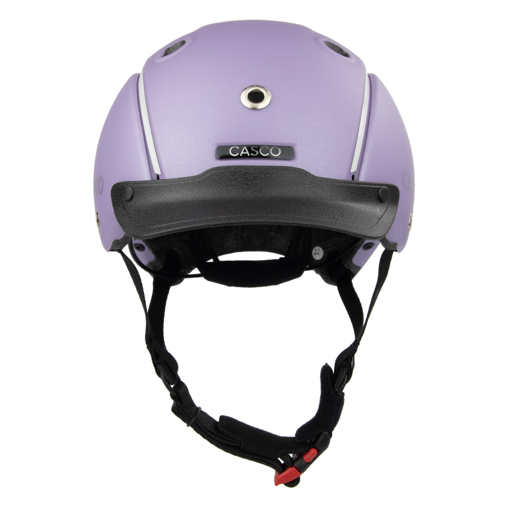 A matte lavender purple Casco Equestrian helmet with a black visor and black chin strap, shown from the front against a solid white background.