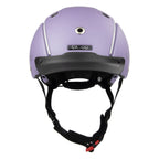 A matte lavender purple Casco Equestrian helmet with a black visor and black chin strap, shown from the front against a solid white background.