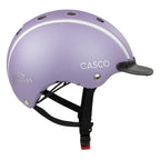 A matte lavender purple equestrian Casco helmet with a white stripe, black chin strap, and a small black visor, shown on a white background.