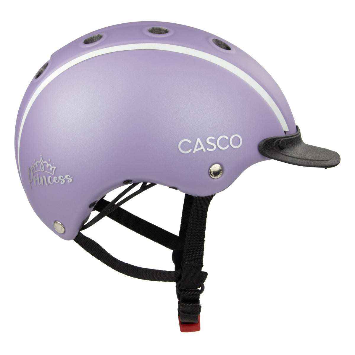 A matte lavender purple equestrian Casco helmet with a white stripe, black chin strap, and a small black visor, shown on a white background.