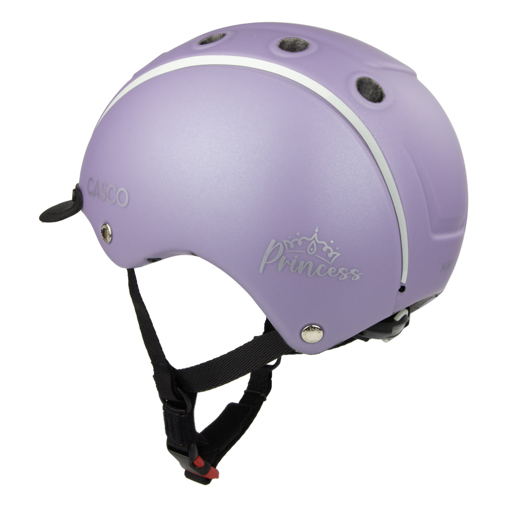 A matte lavender purple equestrian CASCO helmet with a white curved stripe, black chin strap, and silver hardware. The brand logos 'Casco' and 'Princess' are visible on the side.