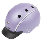 A lavender purple CASCO equestrian helmet with a black chin bar and a thin white stripe detail, shown on a solid white background.