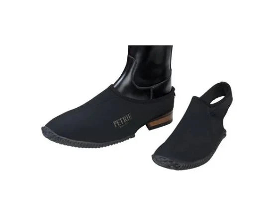 Petrie Boot Protector — neoprene overshoe for riding boots, shown on boot and alongside