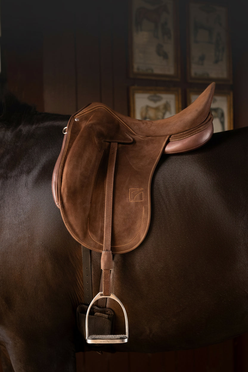 A brown leather Childeric DPL dressage saddle with a matching leather girth and silver metal stirrups, shown mounted on the back of a dark brown horse in a dimly lit indoor equestrian setting.