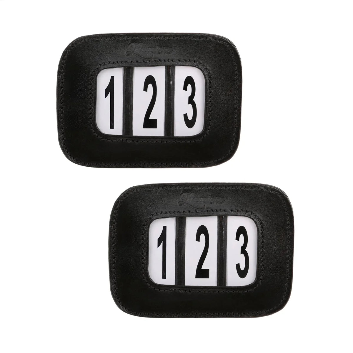 Pair of black leather  bridle number holder with white numerals