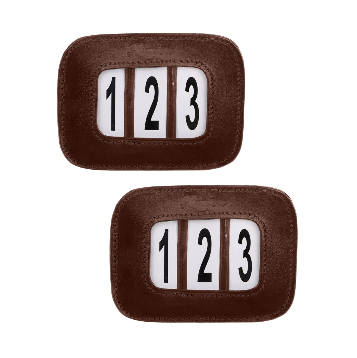 Pair of black leather  bridle number holder with white numerals