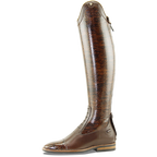 A tall Petrie brown leather riding boot with a glossy brown and bronze snakeskin-pattern shaft and a matching brown cap toe, shown against a plain white background.