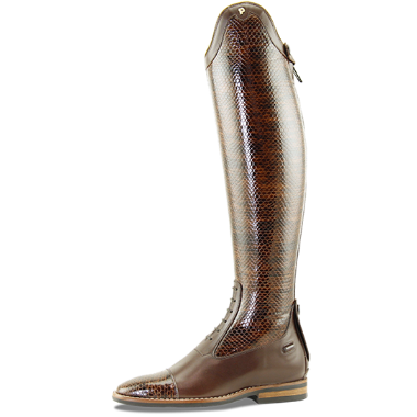 A tall Petrie brown leather riding boot with a glossy brown and bronze snakeskin-pattern shaft and a matching brown cap toe, shown against a plain white background.