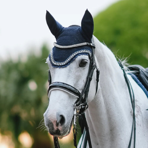 White horse wearing the Adeline Double Bridle crafted from black luxury leather, glossy black patent noseband gel-padded with white nappa leather - a three-row crystal browband — solitaire cut crystals framed by two rows of clear stones — with a blurred green background