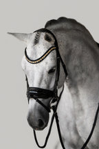 Image of a gray horse wearing the Lumiere Ariana snaffle bridle - Hanoverian variant