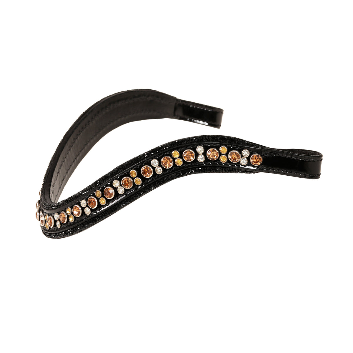 Side view of the Lumiere Ariana browband featuring a wide deep-drop crystal design — gold-toned Austrian stellux crystals framed by black crystals - Patent leather loops