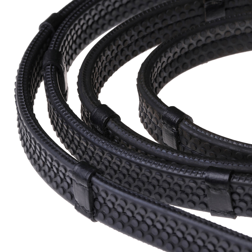 Lumiere leather snaffle bridle reins – flat rubber grip – black – white stitching