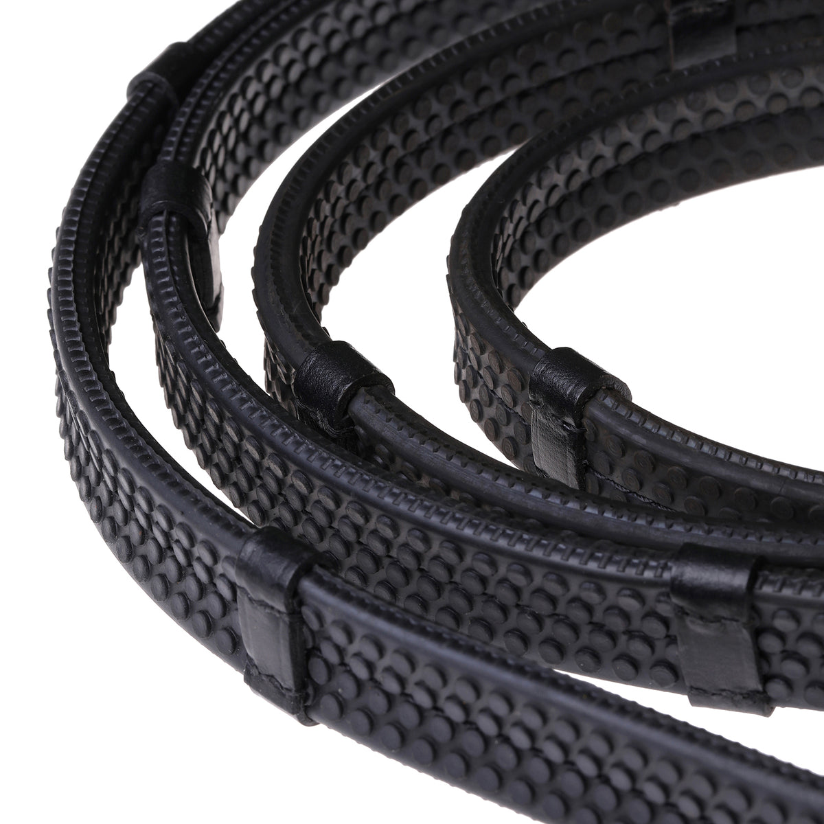 Lumiere leather snaffle bridle reins – flat rubber grip – black – white stitching