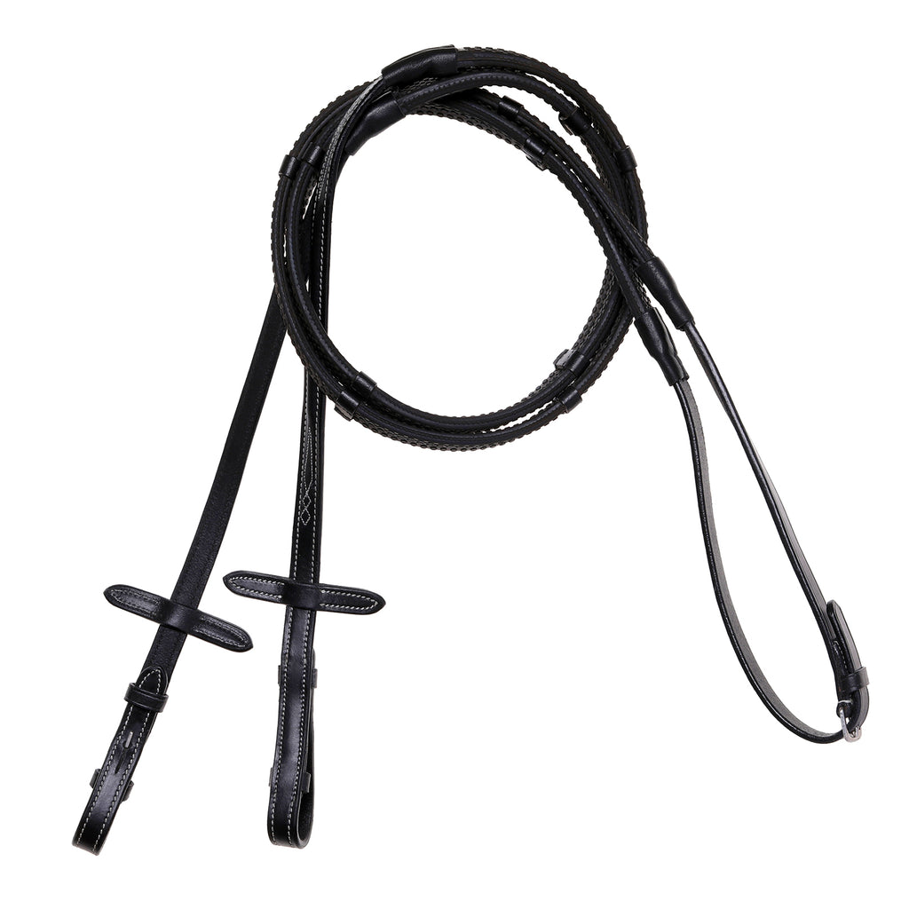 Lumiere leather snaffle bridle reins – flat rubber grip – black – white stitching