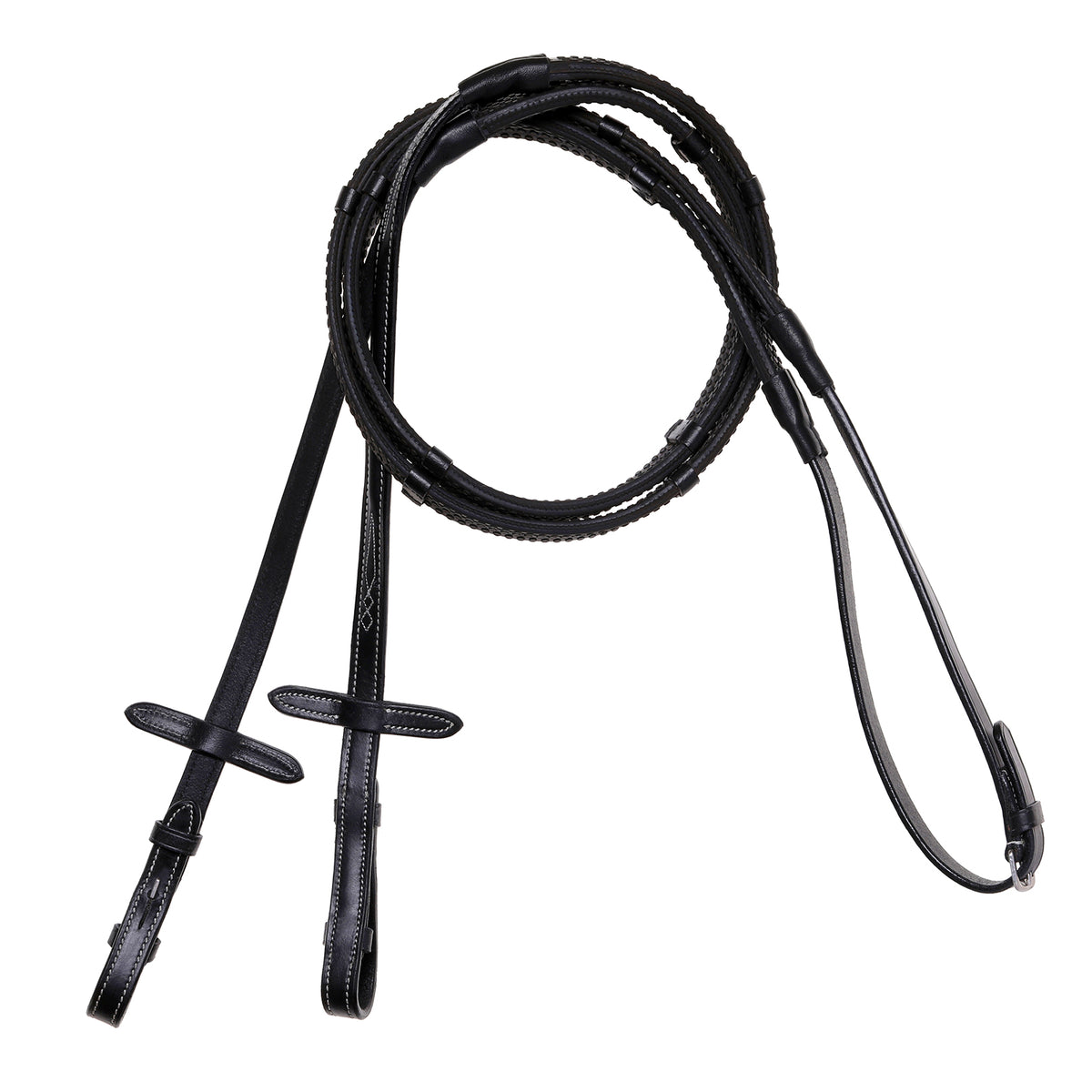 Lumiere leather snaffle bridle reins – flat rubber grip – black – white stitching