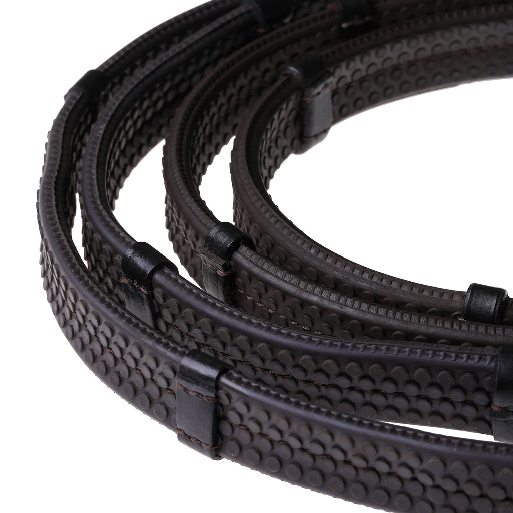 Lumiere leather snaffle bridle reins – flat rubber grip – brown – white stitching
