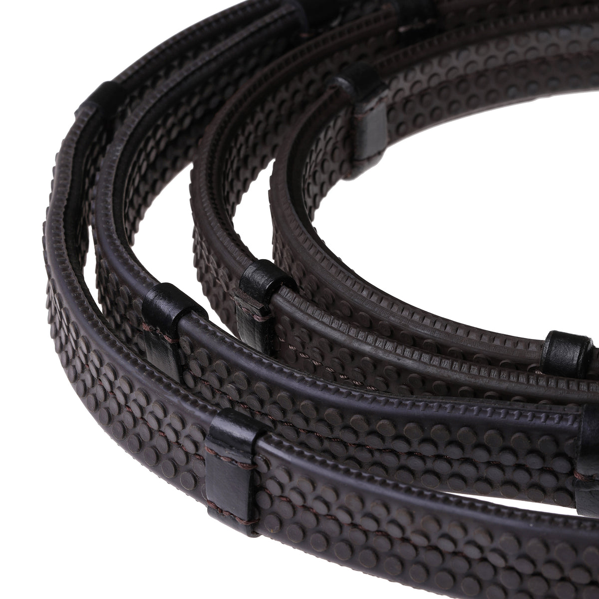 Lumiere leather snaffle bridle reins – flat rubber grip – brown – white stitching