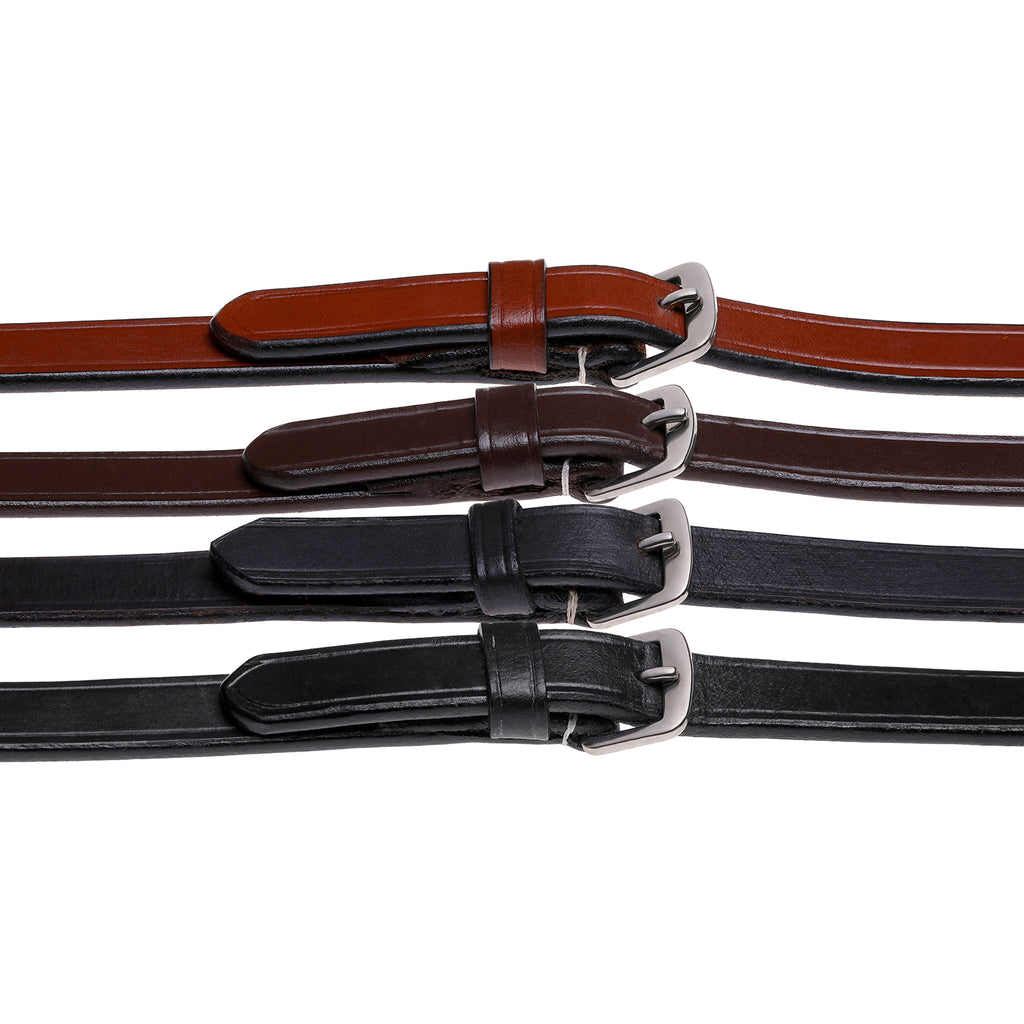 Lumiere leather snaffle bridle reins – flat rubber grip – black – brown, light brown, Havana - white stitching