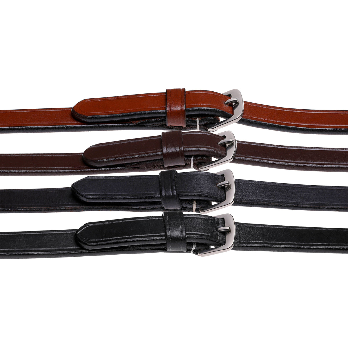 Lumiere leather snaffle bridle reins – flat rubber grip – black – brown, light brown, Havana - white stitching