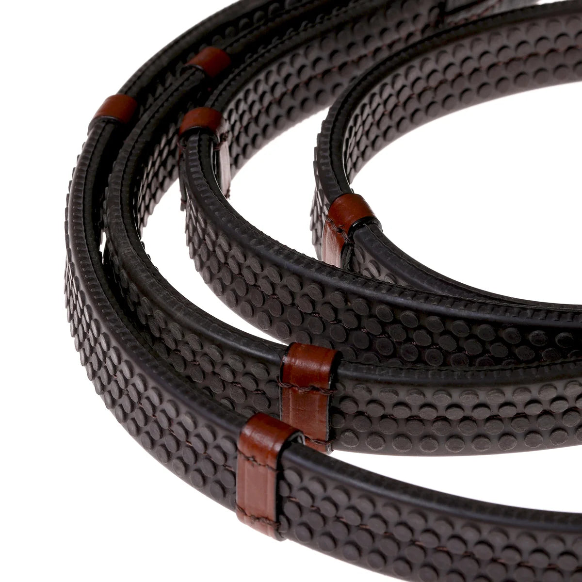 Lumiere leather snaffle bridle reins – flat rubber grip – light brown – white stitching