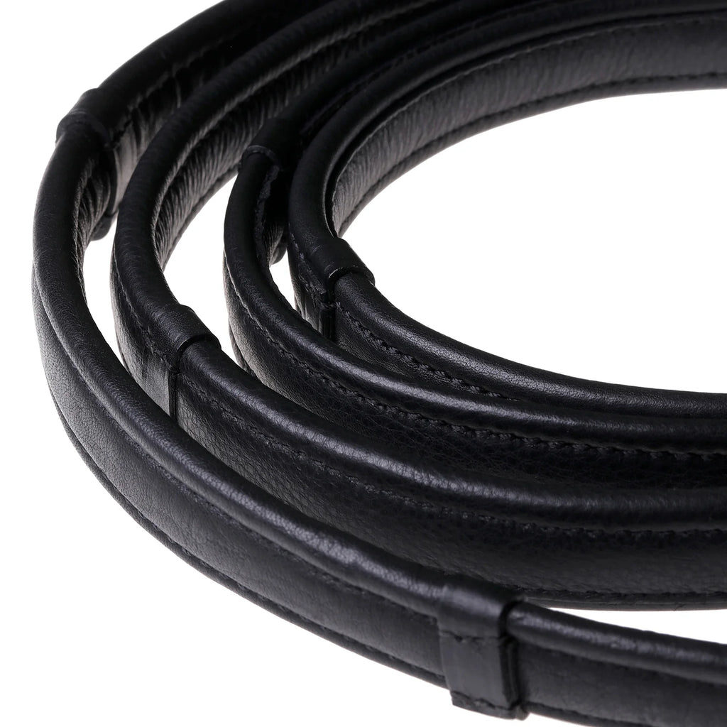 Butter-soft flat nappa eco-friendly leather snaffle bridle reins with billet bit attachment and gold fittings. Available in Black. Cob, Full and Warmblood.