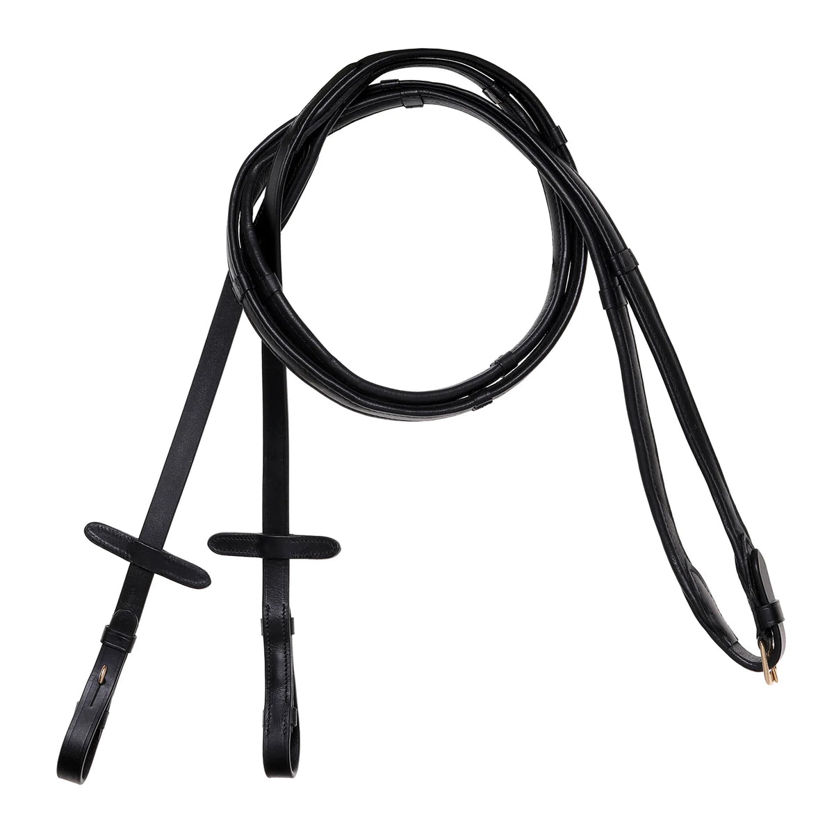 Butter-soft flat nappa eco-friendly leather snaffle bridle reins with billet bit attachment and gold fittings. Available in Black. Cob, Full and Warmblood.
