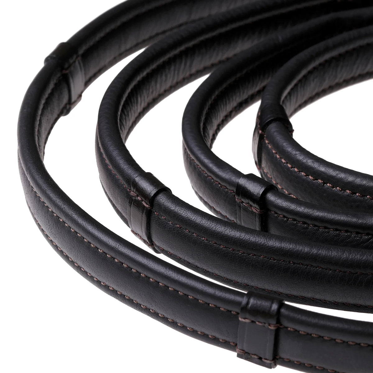 Lumiere Butter-soft flat nappa leather snaffle bridle reins with billet bit attachment and stainless steel fittings. Available in Black or Havana Brown. Pony to Warmblood.