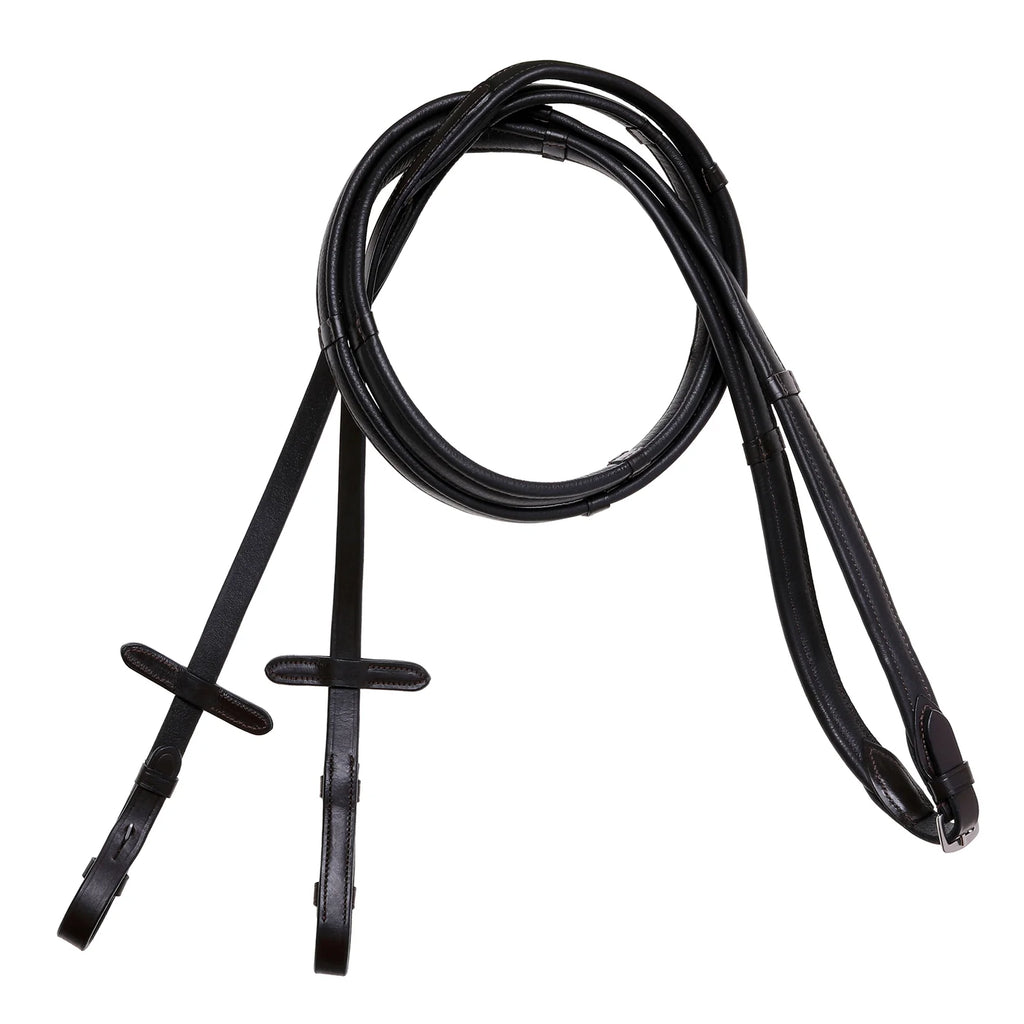 Lumiere Butter-soft flat nappa leather snaffle bridle reins with billet bit attachment and stainless steel fittings. Available in Black or Havana Brown. Pony to Warmblood.