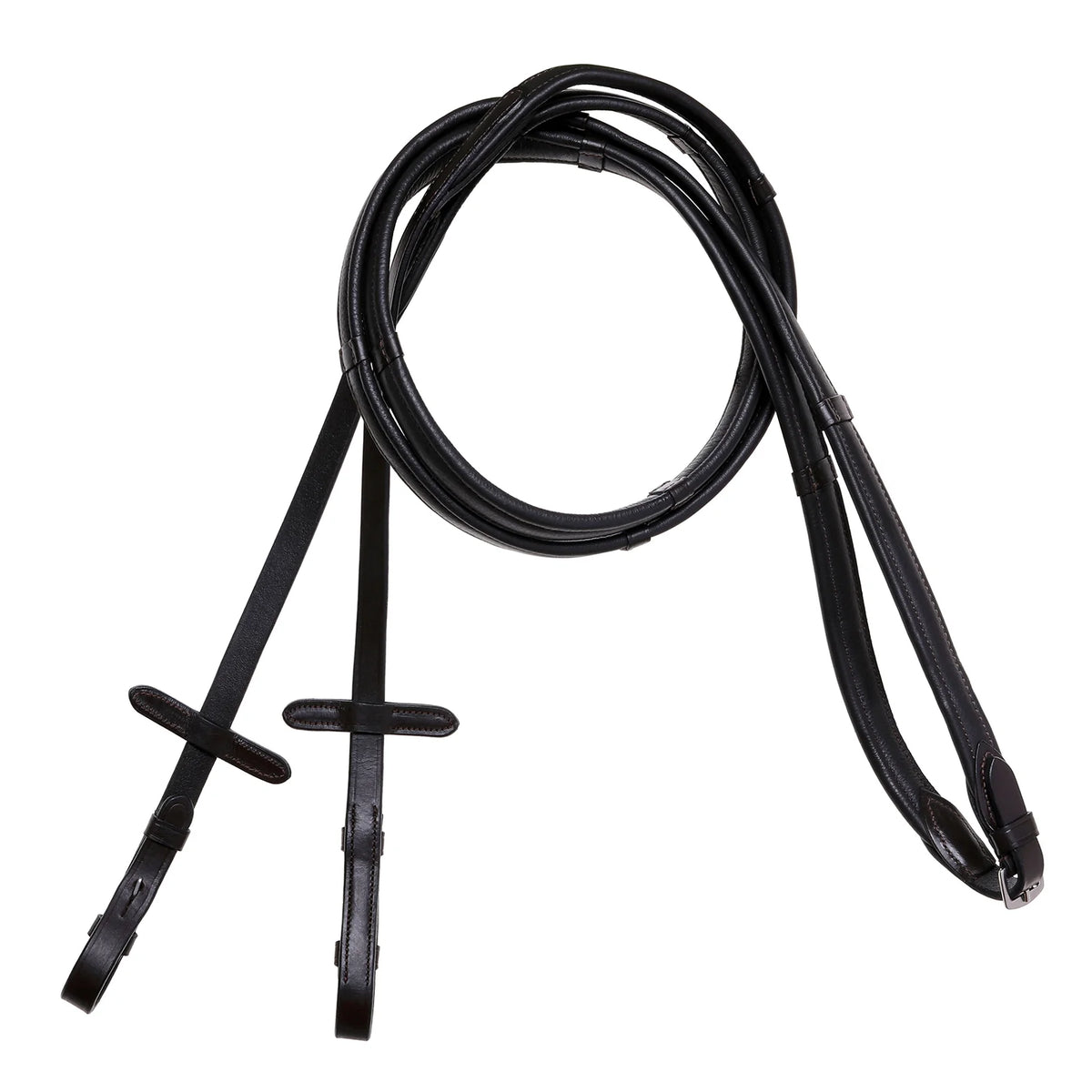 Lumiere Butter-soft flat nappa leather snaffle bridle reins with billet bit attachment and stainless steel fittings. Available in Black or Havana Brown. Pony to Warmblood.