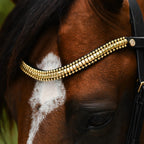 Close-up of a horse's head wearing the Lumiere Delta browband, black leather snaffle bridle