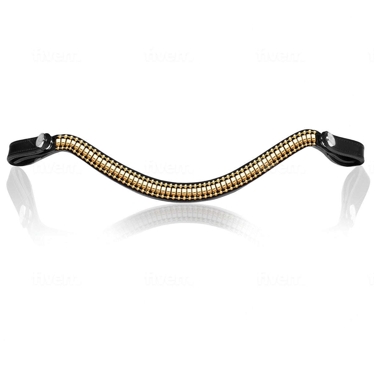 Front view of the Lumiere Delta bridle with Delta browband handcrafted from premium leather featuring a clincher-style centrepiece encased by gold beading at a 2cm depth.