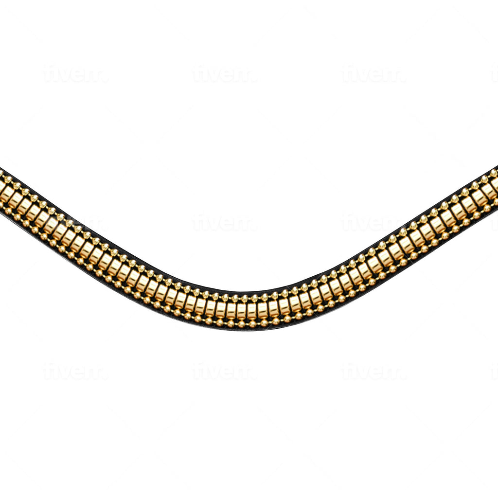 A closeup of the Lumiere Delta browband handcrafted from premium leather featuring a clincher-style centrepiece encased by gold beading at a 2cm depth.