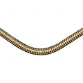 A closeup of the Lumiere Delta browband handcrafted from premium leather featuring a clincher-style centrepiece encased by gold beading at a 2cm depth.
