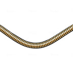 A closeup of the Lumiere Delta browband handcrafted from premium leather featuring a clincher-style centrepiece encased by gold beading at a 2cm depth.