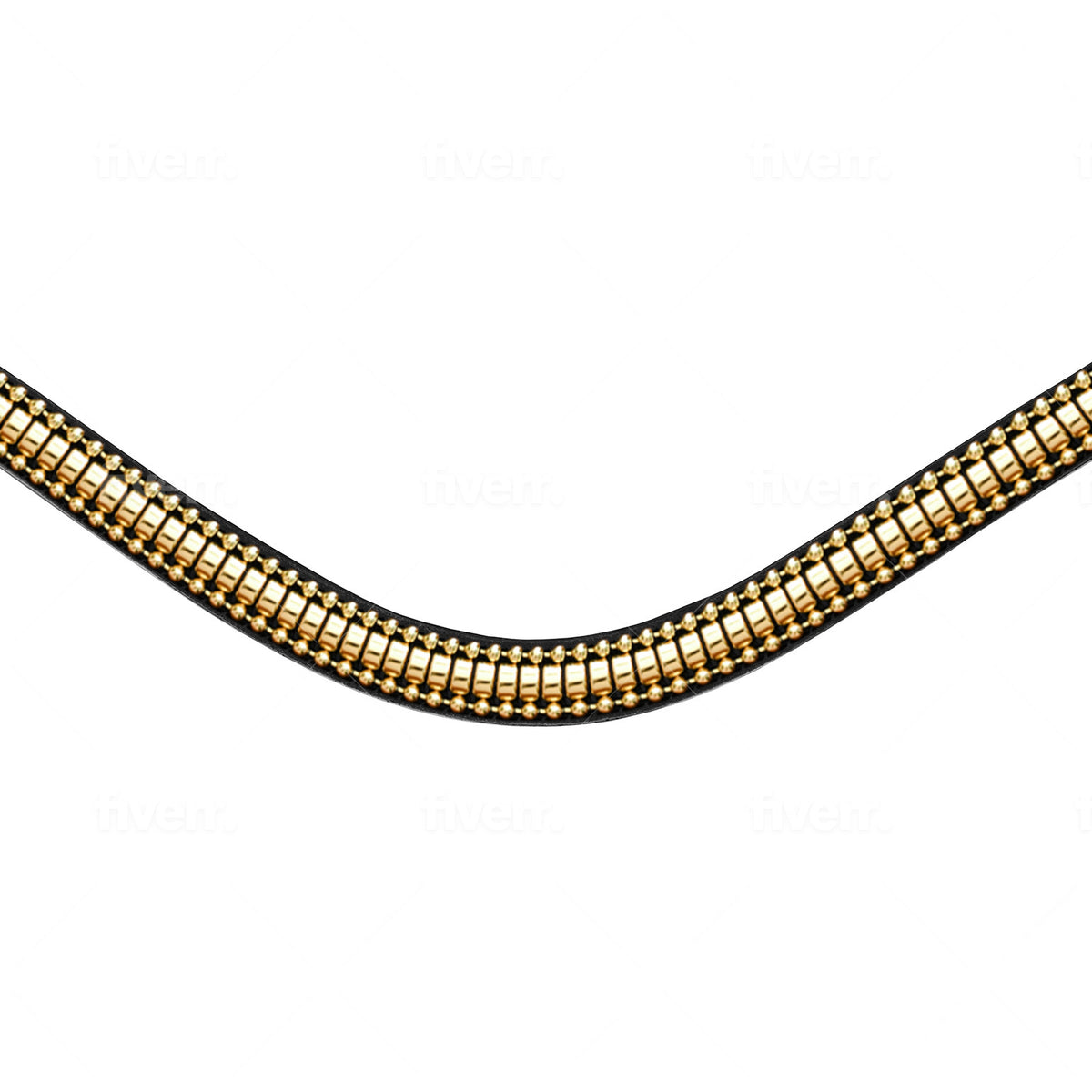 A closeup of the Lumiere Delta browband handcrafted from premium leather featuring a clincher-style centrepiece encased by gold beading at a 2cm depth.