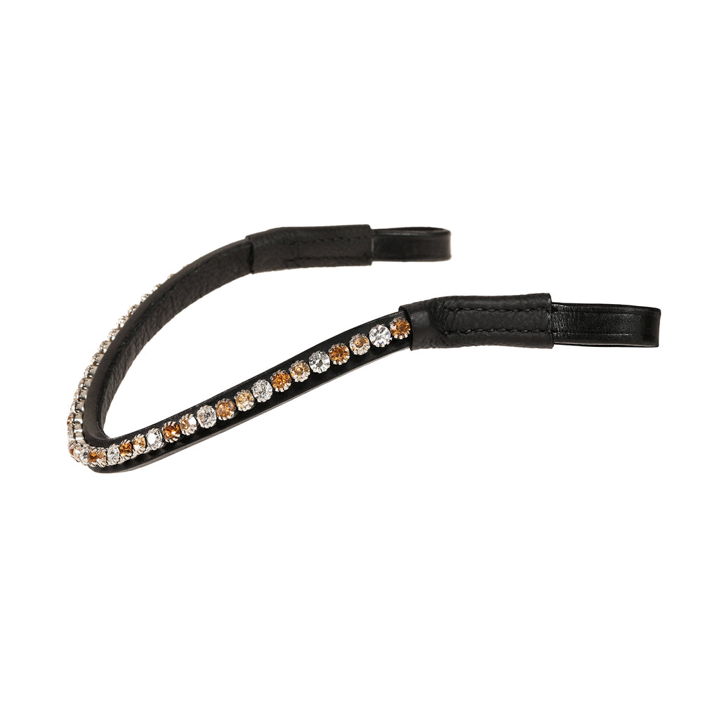 A side  view of The Lumiere Megan browband handcrafted from a two-toned blend of champagne and gold Austrian stellux crystals set upon a supple leather band, elegantly curved.
