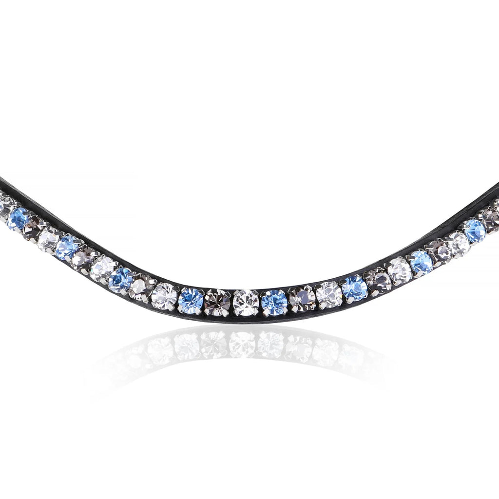 Closeup of The Lumiere Ocean browband handcrafted from premium Austrian stellux crystals blue and silver set upon a supple leather band, elegantly curved.
