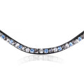 Closeup of The Lumiere Ocean browband handcrafted from premium Austrian stellux crystals blue and silver set upon a supple leather band, elegantly curved.

