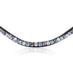 Closeup of The Lumiere Ocean browband handcrafted from premium Austrian stellux crystals blue and silver set upon a supple leather band, elegantly curved.
