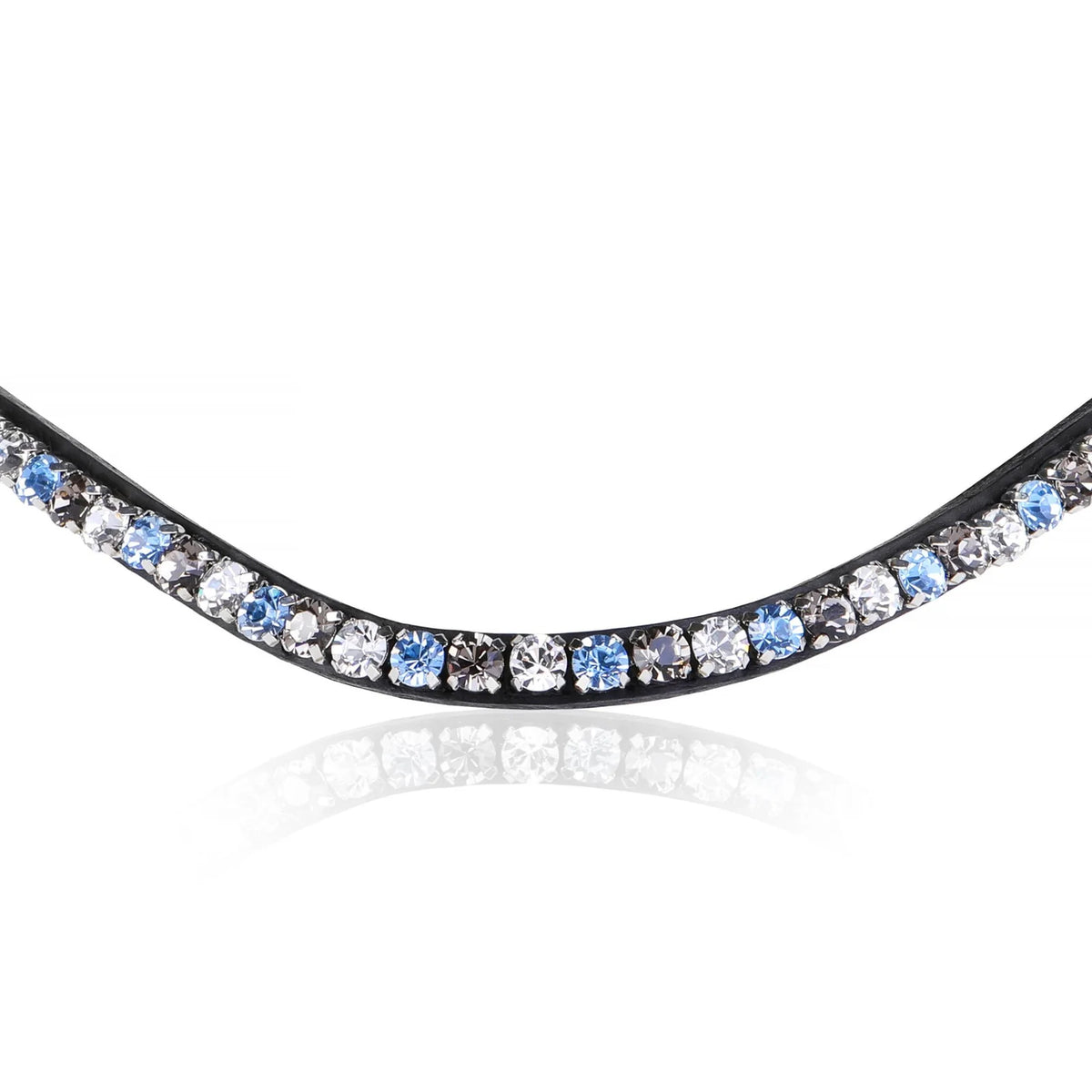 Closeup of The Lumiere Ocean browband handcrafted from premium Austrian stellux crystals blue and silver set upon a supple leather band, elegantly curved.
