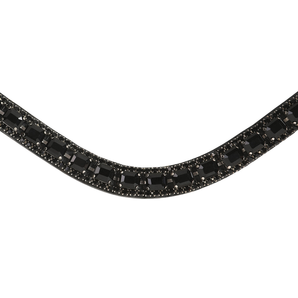 Close up of the Lumiere Onyx browband handcrafted from Austrian stellux crystals on super supple black Italian leather featuring a centre row of square-cut crystals encased by two rows of smaller stones 