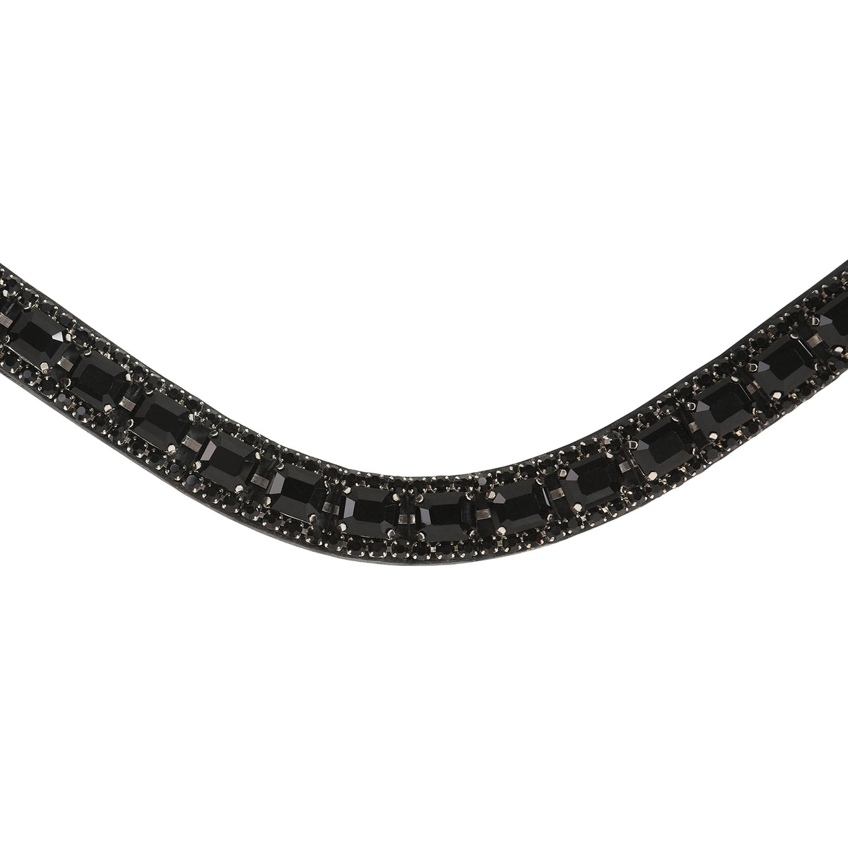 Close up of the Lumiere Onyx browband handcrafted from Austrian stellux crystals on super supple black Italian leather featuring a centre row of square-cut crystals encased by two rows of smaller stones 