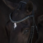A horse head wearing the Lumiere Onyx browband handcrafted from Austrian stellux crystals on super supple black Italian leather featuring a centre row of square-cut crystals encased by two rows of smaller stones 