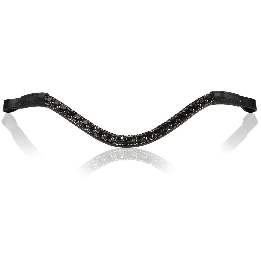 A front view of the Lumiere Onyx browband handcrafted from Austrian stellux crystals on super supple black Italian leather featuring a centre row of square-cut crystals encased by two rows of smaller stones 
