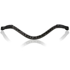 A front view of the Lumiere Onyx browband handcrafted from Austrian stellux crystals on super supple black Italian leather featuring a centre row of square-cut crystals encased by two rows of smaller stones 