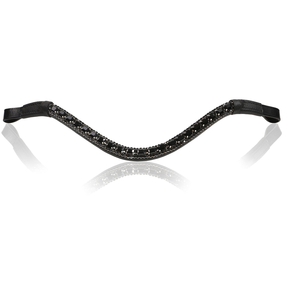 A front view of the Lumiere Onyx browband handcrafted from Austrian stellux crystals on super supple black Italian leather featuring a centre row of square-cut crystals encased by two rows of smaller stones 