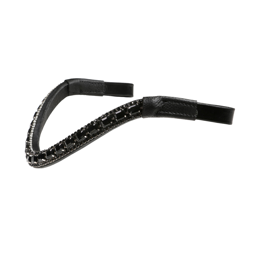 A side view of the Lumiere Onyx browband handcrafted from Austrian stellux crystals on super supple black Italian leather featuring a centre row of square-cut crystals encased by two rows of smaller stones 